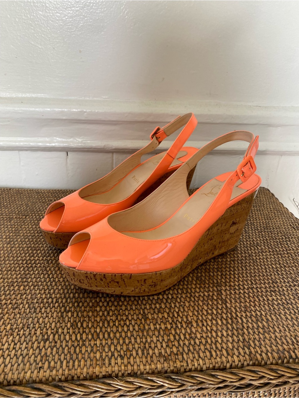 Christian Louboutin Coral Patent Leather Cork Wedge Slingback Peep-Toe